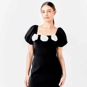 NWT Endless Rose Flower Detail Puff Sleeve Mini Dress Black Size M